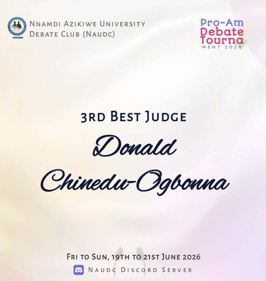 Donald Chinedu-Ogbonna Emerges 3rd Best Judge at NAUDC Pro-Am Debate Tournament 2026